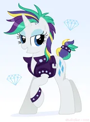 Size: 784x1058 | Tagged: safe, artist:lullapiies, derpibooru import, rarity, pony, unicorn, alternate hairstyle, bracelet, clothes, diamond, gradient background, horn, image, jewelry, png, punk, raised hoof, raripunk, solo, studded bracelet