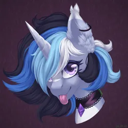 Size: 2500x2500 | Tagged: safe, artist:n3tt0l, derpibooru import, oc, unofficial characters only, pony, unicorn, bust, choker, ear fluff, ear piercing, earring, horn, image, jewelry, long horn, looking at you, piercing, png, portrait, purple eyes, shiny eyes, short hair, smiling, smiling at you, solo, tongue out