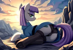 Size: 1216x832 | Tagged: suggestive, ai content, machine learning generated, ponerpics import, maud pie, earth pony, pony, anus, bedroom eyes, boulder buns, butt, clothes, dock, female, image, lingerie, looking at you, looking back, looking back at you, lying down, mare, nudity, outdoors, panties, plot, png, prone, rear view, rock, sexy, side, socks, solo, solo female, stockings, sun, tail, tail aside, tail hole, thigh highs, tunic, unamused, underwear