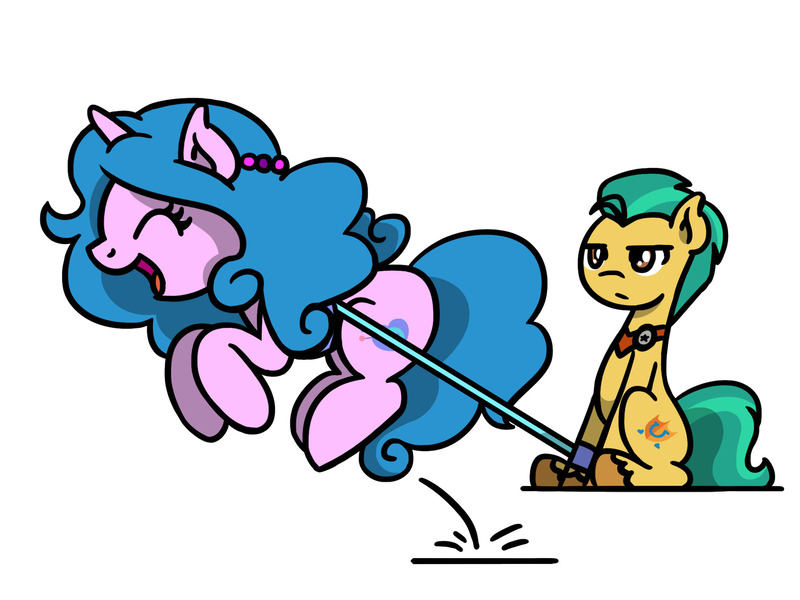 Size: 1800x1350 | Tagged: safe, artist:flutterluv, derpibooru import, hitch trailblazer, izzy moonbow, earth pony, pony, unicorn, g5, duo, hitch trailblazer is not amused, horn, image, jpeg, leash, ponified animal photo, ponified animal video, simple background, unamused, white background