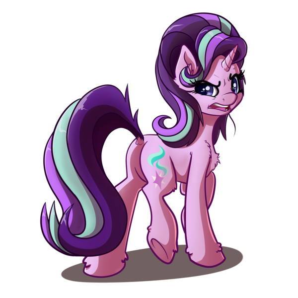 Size: 4000x4000 | Tagged: safe, artist:witchtaunter, derpibooru import, starlight glimmer, pony, unicorn, absurd resolution, butt, chest fluff, disgusted, dock, ear fluff, eye clipping through hair, featureless crotch, female, fluffy, frown, g4, glimmer glutes, horn, image, looking at you, looking back, looking back at you, mare, open mouth, plot, png, raised hoof, raised leg, raised tail, shoulder fluff, simple background, solo, standing on two hooves, tail, three quarter view, transparent background, underhoof