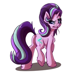 Size: 4000x4000 | Tagged: safe, artist:witchtaunter, derpibooru import, starlight glimmer, pony, unicorn, absurd resolution, butt, chest fluff, disgusted, dock, ear fluff, eye clipping through hair, featureless crotch, female, fluffy, frown, g4, glimmer glutes, horn, image, looking at you, looking back, looking back at you, mare, open mouth, plot, png, raised hoof, raised leg, raised tail, shoulder fluff, simple background, solo, standing on two hooves, tail, three quarter view, transparent background, underhoof