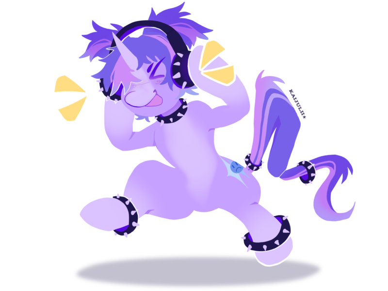 Size: 3000x2250 | Tagged: safe, alternate version, artist:kaijulii, derpibooru import, oc, unofficial characters only, pony, unicorn, bipedal, choker, collar, commission, dancing, eyes closed, headphones, horn, image, lineless, listening to music, multicolored hair, multicolored mane, multicolored tail, open mouth, pale belly, pigtails, png, punk, purple coat, purple fur, purple mane, raised hoof, shadow, signature, simple background, solo, spiked choker, spiked collar, standing, standing on two hooves, standing up, stomp, stomping, tail, tail accessory, transparent background, twintails, two toned coat, unicorn oc, x3, xd