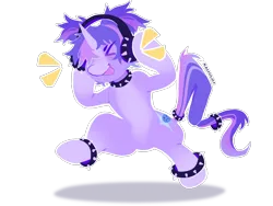 Size: 3000x2250 | Tagged: safe, alternate version, artist:kaijulii, derpibooru import, oc, unofficial characters only, pony, unicorn, bipedal, choker, collar, commission, dancing, eyes closed, headphones, horn, image, lineless, listening to music, multicolored hair, multicolored mane, multicolored tail, open mouth, pale belly, pigtails, png, punk, purple coat, purple fur, purple mane, raised hoof, shadow, signature, simple background, solo, spiked choker, spiked collar, standing, standing on two hooves, standing up, stomp, stomping, tail, tail accessory, transparent background, twintails, two toned coat, unicorn oc, x3, xd