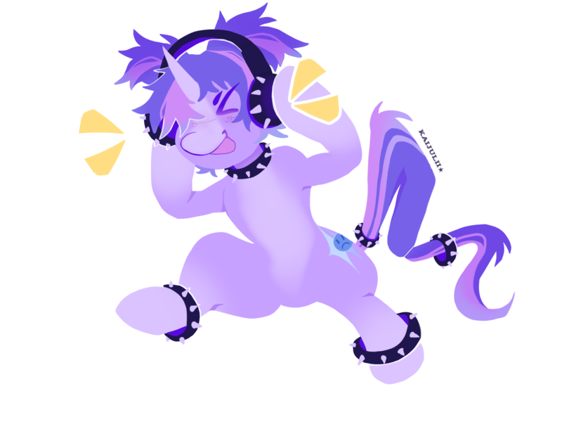 Size: 3000x2250 | Tagged: safe, alternate version, artist:kaijulii, derpibooru import, oc, unofficial characters only, unicorn, choker, collar, commission, dancing, headphones, horn, image, multicolored tail, pale belly, pigtails, png, punk, purple coat, purple fur, purple mane, raised hoof, simple background, solo, spiked choker, spiked collar, standing, standing on two hooves, standing up, stomp, stomping, tail, tail accessory, transparent background, twintails, two toned coat, unicorn oc, x3, xd