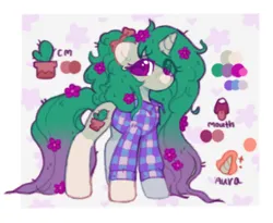 Size: 630x517 | Tagged: safe, artist:flixanoa, derpibooru import, oc, oc:cactus pony, unofficial characters only, pony, unicorn, border, bow, clothes, coat markings, color palette, colored eartips, colored muzzle, eye clipping through hair, eyebrows, eyebrows visible through hair, flannel shirt, flower, flower in hair, flower in tail, glow, glowing horn, gradient mane, gradient tail, green coat, hair bow, horn, image, impossibly long mane, impossibly long tail, lidded eyes, long mane, long tail, magic, open mouth, patterned background, png, ponytail, purple eyes, reference sheet, shiny eyes, shirt, smiiling, smiling, socks (coat marking), standing, tail, tied mane, tongue out, two toned mane, two toned tail, unicorn horn, unicorn oc, wingding eyes