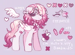 Size: 619x453 | Tagged: safe, artist:flixanoa, derpibooru import, oc, oc:raspberry puree, unofficial characters only, pegasus, pony, bandage, bandaged eye, bandaid, bow, coat markings, color palette, colored muzzle, colored pinnae, colored wings, ear fluff, eye clipping through hair, female, floppy ears, folded wings, gray coat, hair bow, heart, heart eyes, image, lidded eyes, long mane, long tail, mare, pegasus oc, png, ponysona, purple background, purple eyes, reference sheet, simple background, socks (coat marking), solo, sparkly mane, sparkly tail, spread wings, tail, text, two toned mane, two toned tail, wavy mane, wavy tail, white bow, white text, wingding eyes, wings