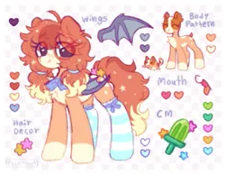 Size: 591x456 | Tagged: safe, artist:flixanoa, derpibooru import, oc, unnamed oc, unofficial characters only, bat pony, pony, ahoge, bat pony oc, bat wings, blaze (coat marking), blue text, blushing, brown coat, checkered background, chest fluff, clothes, coat markings, color palette, colored belly, colored muzzle, colored wings, curly mane, curly tail, ear fluff, eye clipping through hair, eyelashes, facial markings, folded wings, image, long mane, long socks, long tail, mealy mouth (coat marking), multicolored mane, multicolored tail, neck ribbon, pale belly, patterned background, pigtails, png, purple eyes, reference sheet, shiny eyes, smiling, socks, socks (coat marking), spots, spread wings, striped socks, tail, tail tie, text, tied mane, two toned wings, wingding eyes, wings