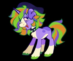 Size: 1971x1650 | Tagged: oc name needed, safe, artist:partyponypower, derpibooru import, oc, unofficial characters only, pony, unicorn, ambiguous gender, beanie, black background, blaze (coat marking), blue eyes, chest fluff, coat markings, collar, colored, colored belly, colored eartips, colored hooves, colored muzzle, colored sclera, curly mane, dog ears, eyeshadow, facial markings, fangs, flat colors, green hooves, hat, horn, image, jpeg, lidded eyes, long mane, long tail, looking at you, makeup, multicolored mane, multicolored tail, no catchlights, open mouth, open smile, pale belly, pink sclera, purple coat, purple eyeshadow, requested art, simple background, smiling, smiling at you, socks (coat marking), solo, spiked collar, standing, tail, unicorn horn, unicorn oc, unshorn fetlocks