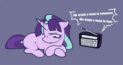 Size: 1843x982 | Tagged: safe, artist:partyponypower, derpibooru import, starlight glimmer, pony, unicorn, alternate universe, bangs, colored, crossed hooves, eyelashes, female, flat colors, floppy ears, frown, g4, horn, image, jpeg, lidded eyes, listening to music, lying down, mare, missing cutie mark, narrowed eyes, no catchlights, pink coat, ponytail, prone, purple background, purple eyes, radio, s5 starlight, sad, simple background, solo, tail, text, tied mane, two toned mane, two toned tail, unicorn horn