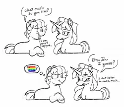 Size: 1356x1192 | Tagged: safe, artist:partyponypower, derpibooru import, double diamond, starlight glimmer, earth pony, pony, unicorn, 2 panel comic, alternate universe, black and white, blush scribble, blushing, comic, dot eyes, duo, duo male and female, eyebrows, eyebrows visible through hair, eyelashes, female, frown, g4, gay pride flag, grayscale, horn, image, jpeg, lidded eyes, long horn, long mane, looking at each other, looking at someone, looking back, male, monochrome, nose wrinkle, open mouth, open smile, ponytail, pride, pride flag, raised hoof, s5 starlight, short mane, sketch, smiling, smiling at someone, speech bubble, standing, sweat, sweatdrop, talking, text, tied mane, unicorn horn, unshorn fetlocks