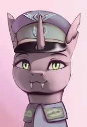 Size: 2052x3000 | Tagged: safe, artist:mrscroup, derpibooru import, oc, oc:actia pagala, unofficial characters only, changeling, equestria at war mod, bust, cap, changeling oc, clothes, fangs, hat, horn, image, jpeg, military uniform, portrait, solo, uniform