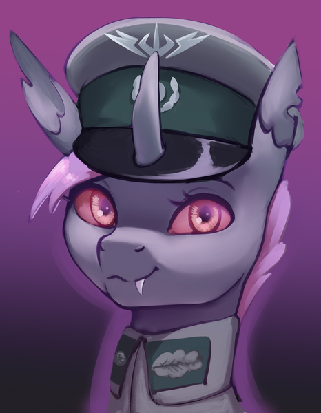 Size: 2332x3000 | Tagged: safe, artist:mrscroup, derpibooru import, oc, oc:tetti rhombi, unofficial characters only, changeling, equestria at war mod, bust, cap, changeling oc, clothes, fangs, hat, horn, image, jpeg, military uniform, portrait, solo, uniform