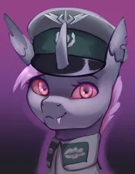 Size: 2332x3000 | Tagged: safe, artist:mrscroup, derpibooru import, oc, oc:tetti rhombi, unofficial characters only, changeling, equestria at war mod, bust, cap, changeling oc, clothes, fangs, hat, horn, image, jpeg, military uniform, portrait, solo, uniform