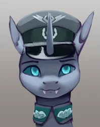 Size: 579x732 | Tagged: safe, artist:mrscroup, derpibooru import, oc, oc:latro mactans, unofficial characters only, changeling, equestria at war mod, bust, cap, changeling oc, clothes, fangs, hat, horn, image, military uniform, png, portrait, solo, uniform