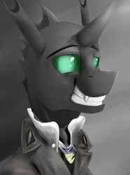 Size: 624x840 | Tagged: safe, artist:richmay, derpibooru import, oc, oc:larynx, unofficial characters only, changeling, equestria at war mod, bust, changeling oc, clothes, fangs, forced smile, horn, image, military uniform, png, portrait, smiling, solo, uniform