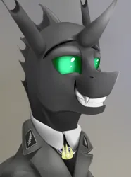 Size: 624x840 | Tagged: safe, artist:richmay, derpibooru import, oc, oc:larynx, unofficial characters only, changeling, equestria at war mod, bust, changeling oc, clothes, fangs, horn, image, military uniform, png, portrait, solo, uniform