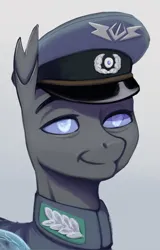 Size: 1814x2836 | Tagged: safe, artist:mrscroup, derpibooru import, oc, oc:limacus uptrich, unofficial characters only, changeling, equestria at war mod, bust, cap, changeling oc, clothes, hat, image, military uniform, png, portrait, solo, uniform, wings