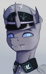 Size: 1796x2860 | Tagged: safe, artist:mrscroup, derpibooru import, oc, oc:hermis thysbe, unofficial characters only, changeling, equestria at war mod, bust, cap, changeling oc, clothes, hat, horn, image, military uniform, png, portrait, solo, uniform