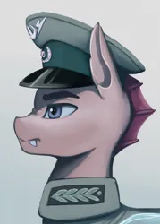 Size: 1856x2588 | Tagged: safe, artist:mrscroup, derpibooru import, oc, oc:narcys murx, unofficial characters only, changeling, equestria at war mod, bust, cap, changeling oc, clothes, fangs, hat, image, military uniform, png, portrait, solo, uniform