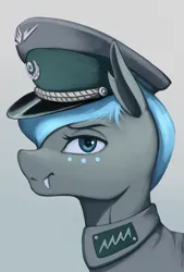 Size: 2029x3000 | Tagged: safe, derpibooru import, oc, oc:carolina phymata, unofficial characters only, changeling, equestria at war mod, bust, cap, changeling oc, clothes, fangs, hat, image, military uniform, png, portrait, solo, uniform