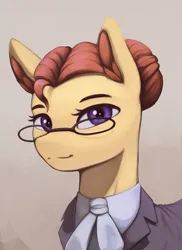 Size: 1348x1848 | Tagged: safe, artist:mrscroup, derpibooru import, oc, oc:sugarquill, unofficial characters only, pony, equestria at war mod, bust, clothes, ear fluff, glasses, hair bun, image, png, portrait, solo
