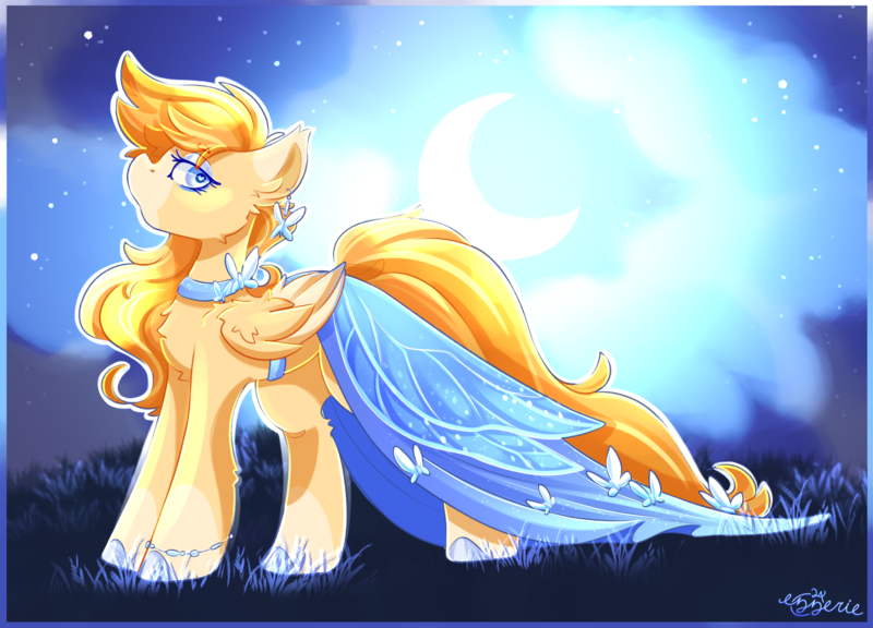 Size: 2467x1776 | Tagged: safe, artist:ezzerie, derpibooru import, oc, oc:sunmoth, unofficial characters only, butterfly, insect, pegasus, pony, background, clothes, dress, female, gala dress, grass, image, jewelry, mare, moon, moonlight, png, solo, stars