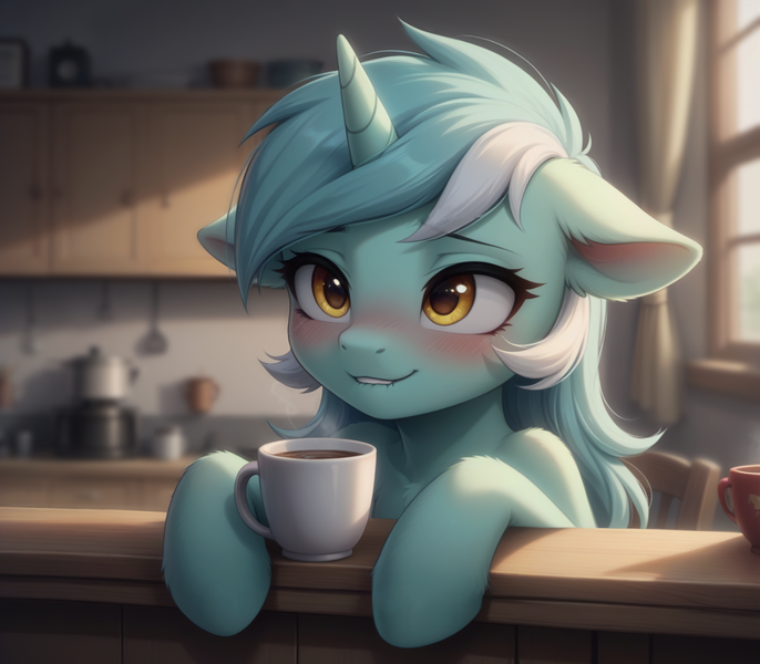 Size: 1280x1119 | Tagged: safe, ai content, derpibooru import, generator:bluefox mix, machine learning generated, prompter:adorablebluefox, stable diffusion, lyra heartstrings, pony, semi-anthro, unicorn, beautiful, blurry background, blush lines, blushing, chair, chest fluff, coffee, coffee mug, cute, ear blush, ear fluff, eyebrows, eyebrows visible through hair, female, floppy ears, g4, hoof fluff, hooves, horn, human shoulders, image, indoors, kitchen, lip bite, lyrabetes, mare, mug, png, sitting, smiling, solo