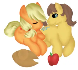 Size: 750x671 | Tagged: safe, artist:chioro, ponerpics import, ponybooru import, applejack, caramel, earth pony, pony, apple, applejack's hat, carajack, clothes, cowboy hat, female, food, hat, image, jpeg, male, mare, shipping, stallion, straight