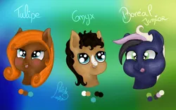 Size: 4000x2500 | Tagged: safe, artist:loopina, derpibooru import, oc, oc:boreal junior, oc:onyx, oc:tulipe, unofficial characters only, earth pony, pegasus, pony, saddle arabian, baby, color palette, cute, female, foal, image, male, mare, png, siblings, simple background, stallion, twins