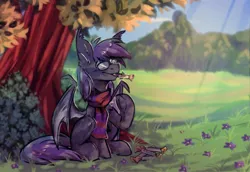 Size: 2855x1963 | Tagged: safe, artist:lonerdemiurge_nail, derpibooru import, oc, bat pony, pony, clothes, glasses, image, png, scarf, scenery, sitting, solo, tree