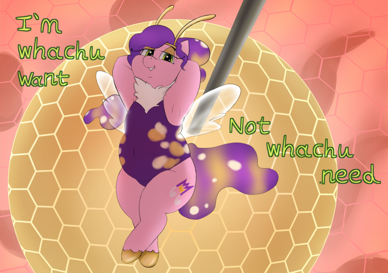 Size: 3258x2291 | Tagged: safe, artist:lupin quill, derpibooru import, pipp petals, bee, bee pony, insect, original species, pony, g5, alternate hairstyle, armpits, bedroom eyes, beelzebub (helluva boss), belly button, bumblebipp, chubby, clothes, cosplay, costume, crossover, disco ball, fupa, helluva boss, image, lying down, neck fluff, on back, pipp is chubby, png, solo, song reference, transparent wings, wide hips, wings