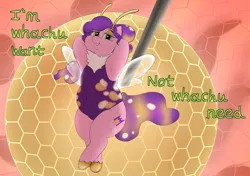 Size: 3258x2291 | Tagged: safe, artist:lupin quill, derpibooru import, pipp petals, bee, bee pony, insect, original species, pony, g5, alternate hairstyle, armpits, bedroom eyes, beelzebub (helluva boss), belly button, bumblebipp, chubby, clothes, cosplay, costume, crossover, disco ball, fupa, helluva boss, image, lying down, neck fluff, on back, pipp is chubby, png, solo, song reference, transparent wings, wide hips, wings