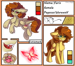 Size: 2500x2200 | Tagged: safe, artist:yuris, derpibooru import, oc, oc:yuris, unofficial characters only, pegasus, pony, werewolf, cutie mark, female, floppy ears, glasses, image, looking at you, open mouth, paws, png, reference sheet, smiling, solo