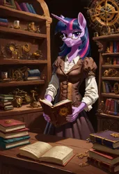 Size: 3328x4864 | Tagged: safe, ai content, derpibooru import, machine learning generated, prompter:lunarusnexus, stable diffusion, twilight sparkle, anthro, unicorn, absurd resolution, book, bookshelf, glasses, image, png, solo, steampunk, unicorn twilight