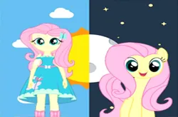 Size: 638x419 | Tagged: safe, derpibooru import, editor:incredibubbleirishguy, editor:skymation2415, fluttershy, human, pegasus, pony, equestria girls, day, g4, image, moon, my little pony equestria girls: better together, night, png, side by side, sun