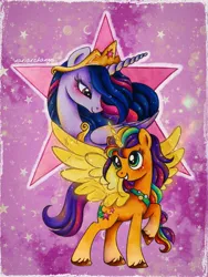 Size: 2189x2910 | Tagged: safe, artist:dariarchangel, derpibooru import, princess twilight 2.0, sunny starscout, twilight sparkle, twilight sparkle (alicorn), alicorn, pony, g5, my little pony: a new generation, the last problem, crown, duo, female, g4, g5 to g4, generation leap, horn, image, jewelry, jpeg, mare, older, older twilight, older twilight sparkle (alicorn), race swap, raised hoof, regalia, smiling, spread wings, stars, sunny and her heroine, sunnycorn, unshorn fetlocks, wings