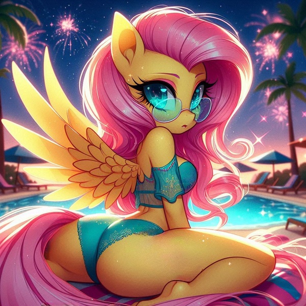 Size: 1024x1024 | Tagged: suggestive, ai content, derpibooru import, machine learning generated, prompter:glimmy-glam, fluttershy, anthro, aviator sunglasses, bikini, bikini bottom, butt, butt focus, clothes, fireworks, generator:dall-e 3, image, jpeg, legs, palm tree, poolside, sunglasses, swimming pool, swimsuit, the ass was fat, towel, tree, umbrella