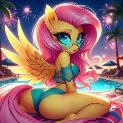 Size: 1024x1024 | Tagged: suggestive, ai content, derpibooru import, machine learning generated, prompter:glimmy-glam, fluttershy, anthro, aviator sunglasses, bikini, bikini bottom, butt, butt focus, clothes, fireworks, generator:dall-e 3, image, jpeg, legs, palm tree, poolside, sunglasses, swimming pool, swimsuit, the ass was fat, towel, tree, umbrella