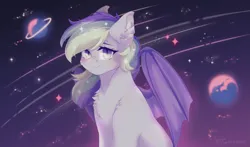 Size: 2889x1697 | Tagged: safe, artist:twinkesss, derpibooru import, oc, oc:wisty starshine, unofficial characters only, bat pony, pony, bat pony oc, bat wings, blushing, chest fluff, commission, cute, detailed background, ear fluff, female, galaxy, image, mare, multicolored hair, multicolored mane, planet, png, purple wings, shooting stars, solo, space, sparkles, sparkly mane, spread wings, two toned eyes, white coat, wings, ych result