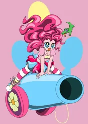 Size: 2952x4170 | Tagged: safe, artist:nightchaotic, derpibooru import, gummy, pinkie pie, alligator, human, breasts, busty pinkie pie, cannon, cleavage, cutie mark, cutie mark background, cutie mark eyes, female, g4, humanized, image, jpeg, male, open mouth, open smile, party cannon, smiling, wingding eyes