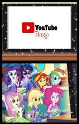 Size: 375x591 | Tagged: safe, artist:qbert2kcat, derpibooru import, edit, angel bunny, applejack, fluttershy, pinkie pie, rainbow dash, rarity, sci-twi, spike, spike the regular dog, sunset shimmer, twilight sparkle, dog, human, equestria girls, clothes, equestria girls specials, food, g4, humane five, humane seven, humane six, image, low effort, pajamas, png, popcorn, watching tv, watching youtube, youtube poop