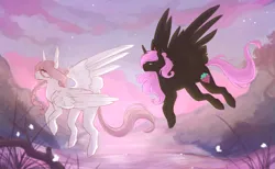 Size: 1813x1118 | Tagged: safe, artist:riressa, derpibooru import, oc, oc:cream cloud, unofficial characters only, pegasus, pony, braid, duo, duo female, female, flying, image, large wings, mare, png, river, water, wings