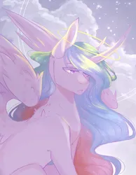 Size: 1180x1524 | Tagged: safe, artist:riressa, derpibooru import, princess celestia, alicorn, pony, cloud, colored eyelashes, curved horn, eyebrows, eyebrows visible through hair, female, g4, halo, horn, image, looking down, mare, missing accessory, png, shoulder fluff, sitting, sky, sky background, solo