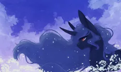 Size: 1000x600 | Tagged: safe, artist:riressa, derpibooru import, princess luna, alicorn, pony, cloud, female, flower, g4, image, mare, png, sky, solo