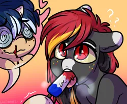 Size: 2000x1634 | Tagged: suggestive, artist:sexygoatgod, derpibooru import, oc, oc:depraved daydream, oc:rocket trail, unofficial characters only, hybrid, pony, unicorn, blood, drool, eating, female, filly, foal, foalcon, food, horn, image, mare, nosebleed, pegabat, png, popsicle, suggestive eating, underage