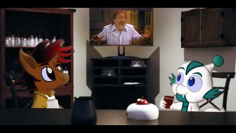 Size: 1920x1080 | Tagged: safe, artist:sp3ctrum-ii, derpibooru import, oc, oc:bx-8, oc:paul, unofficial characters only, dragon, unicorn, argentina, drink, drinking, horn, image, living room, png, unreal engine, watching tv, yerba mate