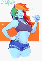 Size: 1400x2000 | Tagged: safe, artist:sozglitch, derpibooru import, rainbow dash, human, equestria girls, belly button, breasts, busty rainbow dash, clothes, daisy dukes, female, g4, hand on hip, image, jeans, jpeg, looking at you, midriff, pants, passepartout, ripped jeans, ripped pants, shorts, signature, simple background, smiling, smiling at you, solo, thumbs up, tongue out, torn clothes, white background