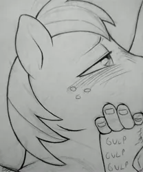 Size: 2966x3566 | Tagged: suggestive, artist:public mistake, derpibooru import, big macintosh, earth pony, human, pony, bedroom eyes, g4, grayscale, image, jpeg, male, male focus, monochrome, offscreen character, pencil drawing, sketch, solo focus, stallion, traditional art, wip