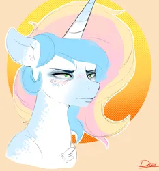 Size: 2053x2200 | Tagged: safe, artist:thelunarmoon, derpibooru import, oc, oc:lunar moon, unofficial characters only, pony, unicorn, bags under eyes, blush lines, blushing, bust, chest fluff, frown, halftone effect, high res, horn, image, jpeg, male, missing accessory, no glasses, orange background, signature, simple background, solo, stallion